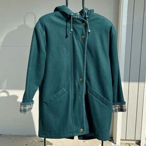 Vintage 80s Herman Kay Forest Green Plaid Hooded Wool Winter Coat, SZ 8